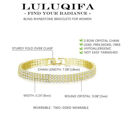 Gold Tennis Bracelets for Women 3-Row Rhinestone Stackable Bangle Bling Zirconia Crystal Silver Chain Dainty Cuff Flexible Fashion Jewelry for Wife Anniversary Mom Her Birthday Gifts - color: Gold