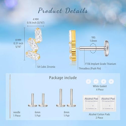 limerencia G23 Hypoallergenic 18g Flat Back Stud Earrings | F136 Implant Grade Titanium Pressfit Threadless Push Pop in Cartilage Helix Labret Lip Monroe Tragus Flat Back Piercing Studs - color: Triple Baguette Gem