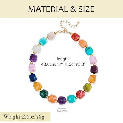 YUJIE Chunky Heart Pendant Necklace for Women- Exaggerated Statement Puff Heart Necklace with Acrylic Beaded Chain - color: A-rainbow suqare bead