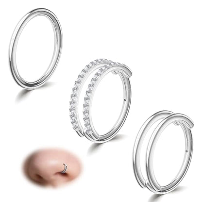 davka Nose Ring Set, 18G Hinged Hoop 8mm & 20G Nose Studs, Stainless Steel & Gold Plated, Hypoallergenic, Multiple Styles Nose Piercing Jewelry - color: Silver/3Pcs Hoops/18gauge 8mm/Set A
