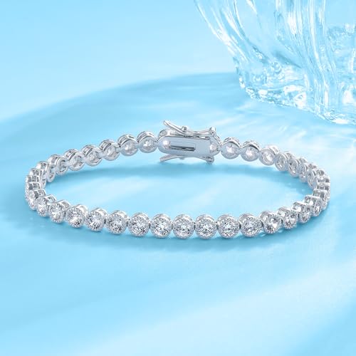 18K White Gold Plated Round-Cut Full CZ Link Bracelet Classic Hypoallergenic Cubic Zirconia Tennis Bracelet for Women - size: 6.3IN, style: Round 3mm Halo