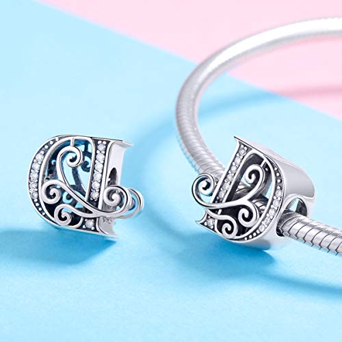 BISAER 925 Sterling Silver Initial Letter A-Z Charms for Bracelets Alphabet Beads Charm Jewelry Gifts - color: Letter D