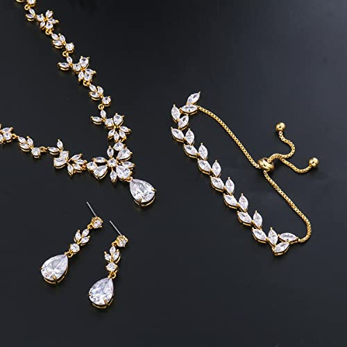 Bridal Wedding Jewelry CZ Set Marquise Teardrop Cubic Zirconia Pendant Necklace and Dangle Earring Bracelet Sets for Women - color: Gold plated