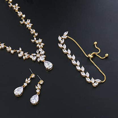 Bridal Wedding Jewelry CZ Set Marquise Teardrop Cubic Zirconia Pendant Necklace and Dangle Earring Bracelet Sets for Women - color: Gold plated