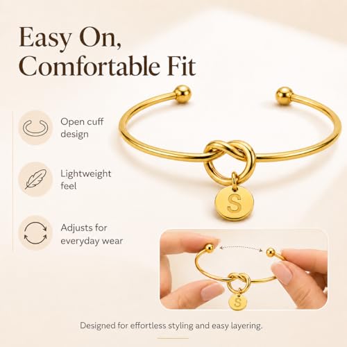 LemonRose Initial Bracelets for Women - Dainty Tie the Knot Letter A-Z 14K Gold Plated for Women Gold Cuff Bracelet for Womens Jewelry Personalized Bridesmaid Proposal Gifts - color: Gold S