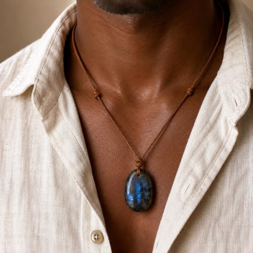 Labradorite Pendant Necklace, Natural Gemstone Jewelry | Natural labradorite, adjustable waxed cord, unisex style, daily wear
