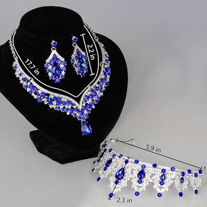 Crowns and Tiaras jewelry sets for Wedding princess birthday party Halloween Prom Pageant Jewelry for Women Crystal Bridal Jewelry Set for women - color: Silver Blue