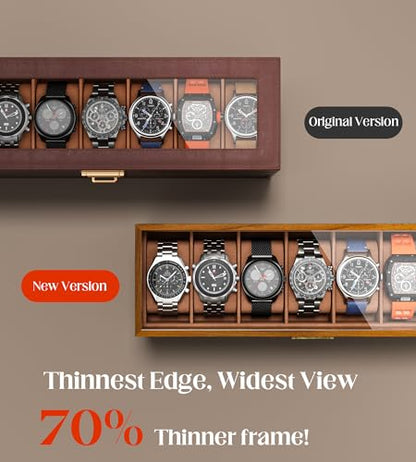Watch Case Box for Men - Ultra-thin Frame Wide Display 7 Slots 2-Layer Wood Grain Watch Storage Organizer with Jewelry Drawer, Real-glass Display Case Collection Box Gift for Dad Husband - size: 7 Slots, Wooden Pattern