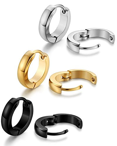 Jstyle 3Pairs Hypoallergenic 316L Stainless Steel Hoop Earrings 12/16/20MM | Silver Gold Black Hoop Earrings Set for Men Women Non Tarnishing Comfort Fit Sleeper Earrings Lightweight Trendy Jewelry Gift - size: 12mm