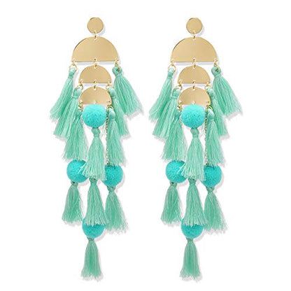 Long Tassel Earrings for Women Colorful Fringe Drop Dangle Earrings Bohemian Hawaiian Summer Beach Jewelry for Womens Vacation Outfits - color: Turquoise