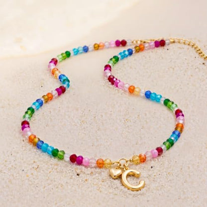 Initial Necklace for Women Colorful Beaded Necklaces Initial Heart Bubble Letter Necklace Summer Necklace Jewelry Gift - color: C