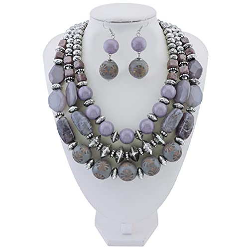 Bocar 3 Layer Chunky Statement Beaded Necklace and Earrings Set, Fashion Multi Layer Women Collar Necklace Jewelry Set - color: Lavender Gray