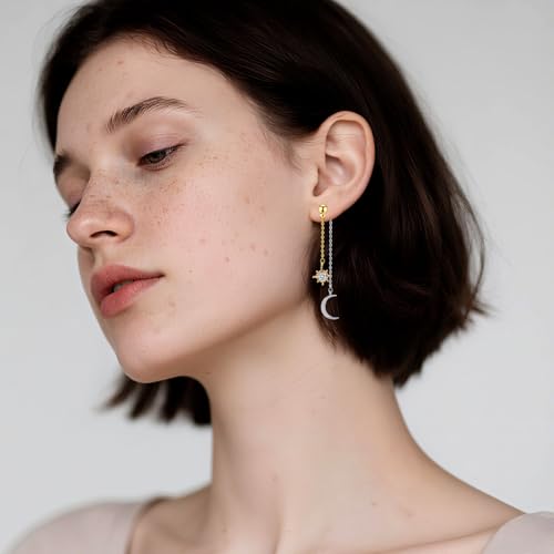 Moon and Star Dangle Earrings | Chain Tassel with Cubic Zirconia Drop Front and Back Earrings Celestial Jewelry for Wedding Gift - color: Gold and Silver
