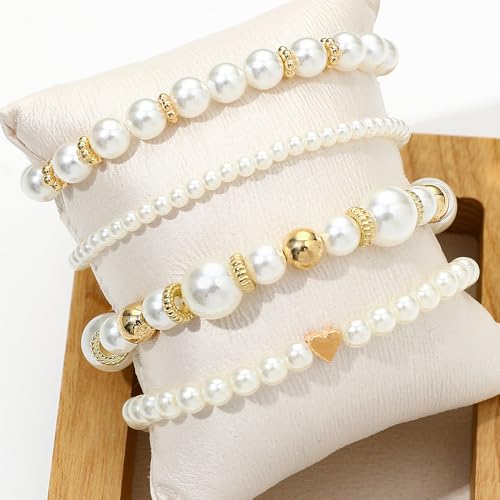 Pearl Bracelets for Women Simulated Pearl Beaded Bracelet White Pearls Stackable Stretch Bracelet Set Multilayered Elastic Pearls Bracelets for Women Bridesmaid Bridal Jewelry - color: Gold