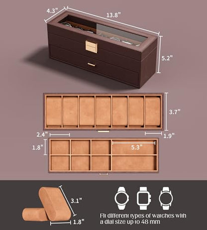 Watch Cases Box for Men 7 Slots Display Case with Jewelry Bottom | Watches Storage Organizer 2 Layer Pu Leather Collection Holder Gift for Dad Husband with Real Glass Lid Brown - size: 7 Slots, Brown