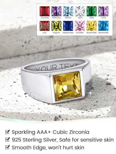 KeyStyle Square Gemstone Signet Rings for Men, Personalized Stainless Steel Pinky Ring with Black Onxy Blue Topaz Birthstone Statement Ring - color: 925 Sterling Silver - Custom Stone - 8mm