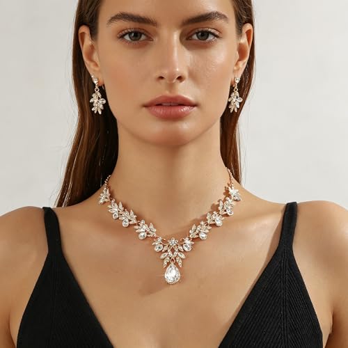 CJIAYUJEW Cubic Zirconia Wedding Jewelry Sets for Bride Bridesmaid Cluster Crystal Teardrop Pendants Jewelry Set Necklace Earring for Brides Bridesmaid for Wedding Party - color: White