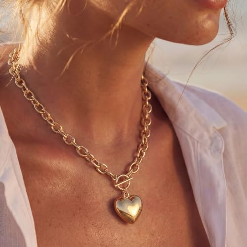 Chunky Gold Necklace for Women | 14K Gold Plated Hammered Heart Pendant O-Link Chain Necklace with Toggle Clasp, Waterproof Statement Jewelry Gift for Her - color: Dainty Gold Heart Necklace