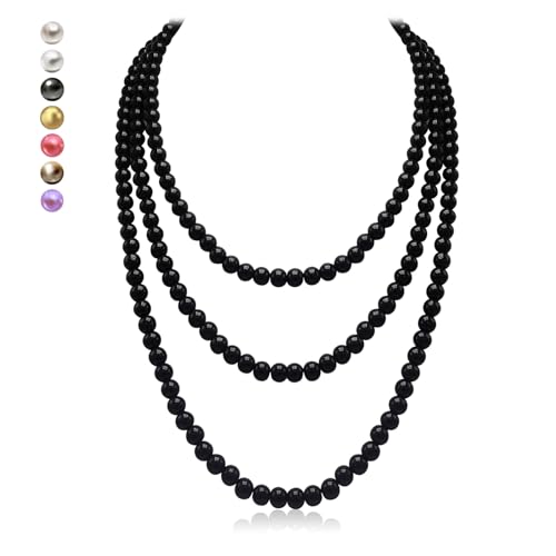 Women's Long Pearl Necklace - Natural Cultured Pearls - Luxurious 8mm Strand Pearls - 1920s Timeless Elegance - Great for Wives, Girlfriends, Sisters, and Besties - Length 60In/71In - color: Midnight Black, size: 60In
