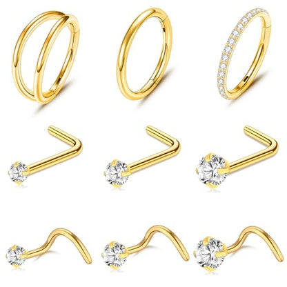 23-40 Pcs Gold Nose Rings & Studs - 18G & 20G Nose Piercing Jewelry - L Shape, Hoop & Screw Body Jewelry for Women & Men - color: Gold-18/20G-11Pcs