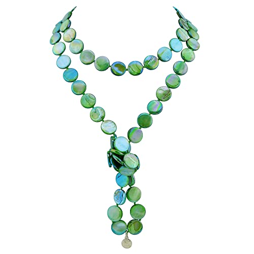 Firstmeet Flat Round Coin Shell Beads Long Knotted Necklace Natural Mother of Pearl Handmade Jewelry For Women - color: Green AB