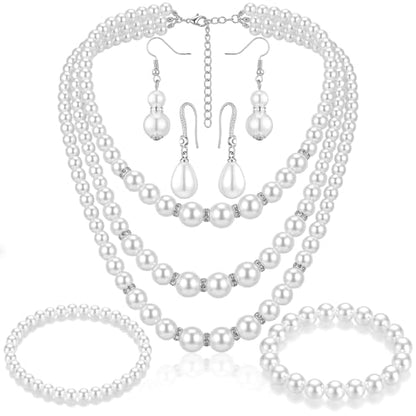 Glenmal Pearl Rhinestone Jewelry Set for Women Pearl Necklace Bracelet Earrings for Wedding Halloween Bridal Shower Tea Party - style: Classy Style