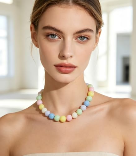 Chunky Beaded Necklace for Women 16mm Round Bead Resin Modern Statement Necklace Jewelry Accessories - color: colorful 04