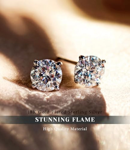 "STUNNING FLAME" Trillion-cut/Cushion-cut/Emerald-cut/Marquise-cut ... 18K White Gold Plated Sterling Silver Cubic Zirconia Simulated Diamond Stud Earrings for Women - color: Round-Cut, size: medium-white gold plated silver
