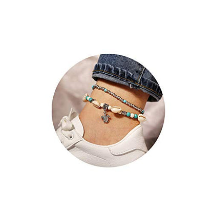 Softones Blue Starfish Turtle Anklet Multilayer Charm Beads Sea Handmade Boho Anklet Foot Jewelry for Women - style: A:Turtle 3