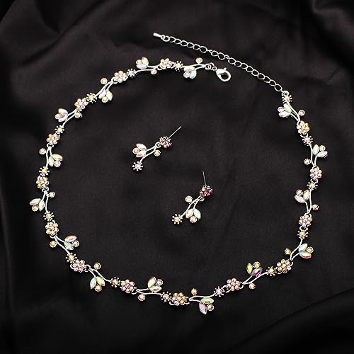 Elegant Brides Austrian Crystal Flower Choker Necklace Drop Dangle Earring Bracelet Wedding Jewelry Set for Bridesmaid Prom Costume Jewelry Set for Women - color: AB Crystal-Platinum Plated
