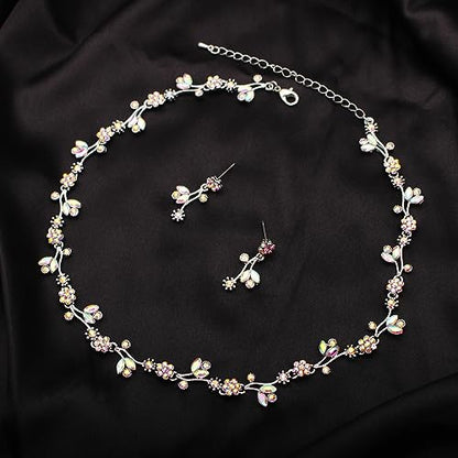 Elegant Brides Austrian Crystal Flower Choker Necklace Drop Dangle Earring Bracelet Wedding Jewelry Set for Bridesmaid Prom Costume Jewelry Set for Women - color: AB Crystal-Platinum Plated