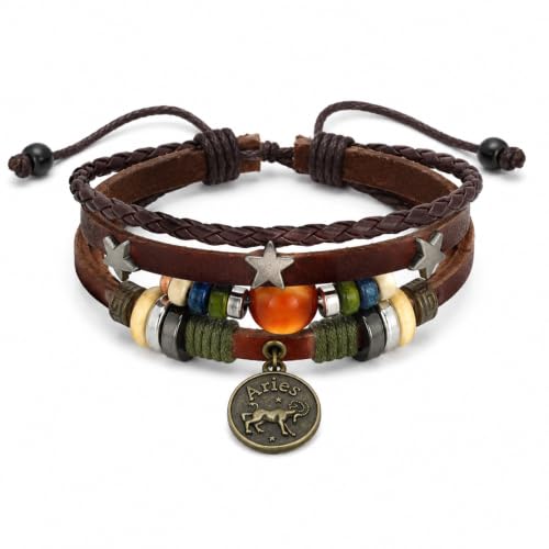 Zodiac Bracelet for Men Women, Adjustable Faux Leather Braided Wrap Bracelet with Vintage Astrology Charm, Gift Jewelry - style: Aries