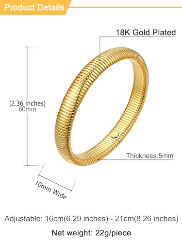 U7 Stretch Bracelets for Women Stainless Steel 18K Gold Plated Bangle Bracelets,Non Tarnish Link Bracelets,10mm,16mm,20mm - color: 01.Gold-10mm