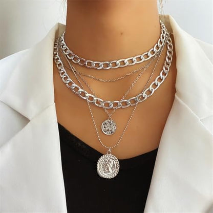 Todenb Layered Gold Pirate Necklace for Women Chunky Chain Pirate Jewelry 80s 90s Coin Pendant Necklace Pirate Costume Accessories - color: Two cir s