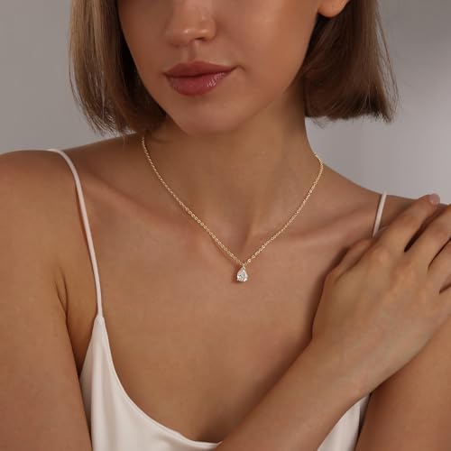 Gold Silver Necklace for Women, Dainty Cubic Zirconia Pendant | Teardrop CZ Charm, 14K Gold/Sterling Silver Plated, Adjustable Chain, Hypoallergenic & Waterproof Jewelry, Cute Trendy Gift - color: Gold-CZ teardrop/cable chain