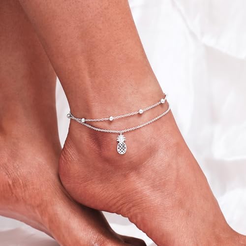 CHIC & ARTSY 925 Sterling Silver Ankle Bracelets for Women, Adjustable Layered Foot Chains with Nature & Symbol Charms, Lightweight Comfort Fit Boho Beach Everyday Jewelry - color: Pineapple/silver