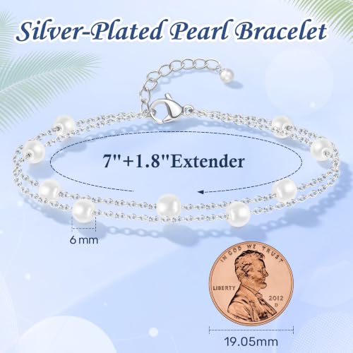 DAYANEY Pearl Bracelets for Women Gold Bracelet Silver Pearl Jewelry | Gold Bracelet Silver Pearl Jewelry Summer Gifts for Girls Dainty Daisy and Heart Bracelets Cute Floral Jewelry for Bridesmaid - style: Silver Pearl-Layered