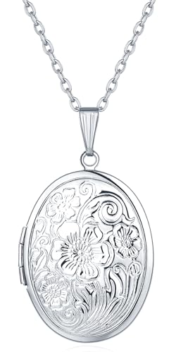 YOUFENG Oval Round Flower Locket Necklace that Holds Pictures Photo Locket Pendant - style: Oval Silver-plated