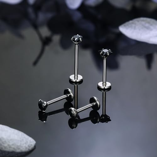 Titanium Flat Back Lip Rings Internally Threaded Earrings Studs Nose Rings 20G 18G 16G Round Heart Square CZ Tragus Cartilage Lobe Rook Helix Conch Labret Medusa Piercing Jewelry for Women Men - color: Black CZ, size: 20G-6/8/10mm
