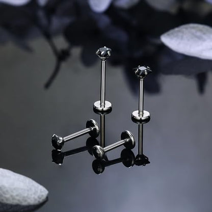 Titanium Flat Back Lip Rings Internally Threaded Earrings Studs Nose Rings 20G 18G 16G Round Heart Square CZ Tragus Cartilage Lobe Rook Helix Conch Labret Medusa Piercing Jewelry for Women Men - color: Black CZ, size: 20G-6/8/10mm
