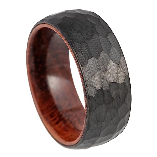 8mm Tungsten Carbide Genuine Natural Koa Wood Inner Inlay Ring Black/Gold/Silver/Rose Gold Wedding Band Hammered Textured Flat Style Comfort Fit Gift Box Included - color: Hammered Black Tungsten