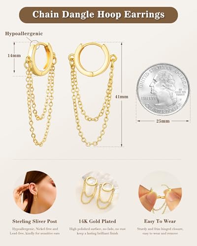 Tassel Chain Small Gold Hoop Dangle Earring For Women Huggie Earring Heart Star CZ 14K Gold Plated Fashion Jewelry Graduation Gift for Her Mothers Day Gifts for Mom - color: Gold-No zircon