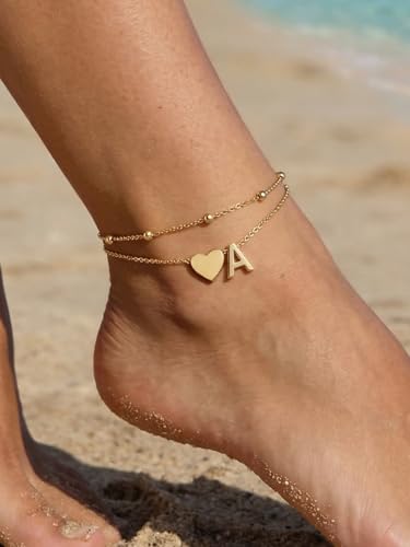 Ankle Bracelets for Women Waterproof 14K Gold/Silver/Black Initial Anklet for Women Dainty Layered Heart Ankle Bracelets Stainless Steel Adjustable Foot Chain Anklet Summer Beach Jewelry - color: A-Gold