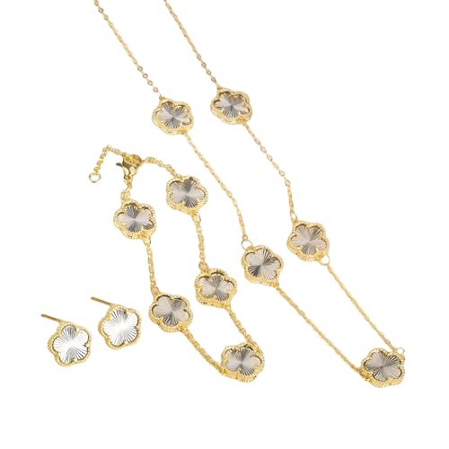 14K Gold-Filled Clover Necklace For Women - Classic Five-Leaf Flower Set Bracelet Necklace Earrings Jewelry Set, Five Leaf Clover Necklaces Dainty Lucky Clover Jewelry - color: Silver - Clover Necklace