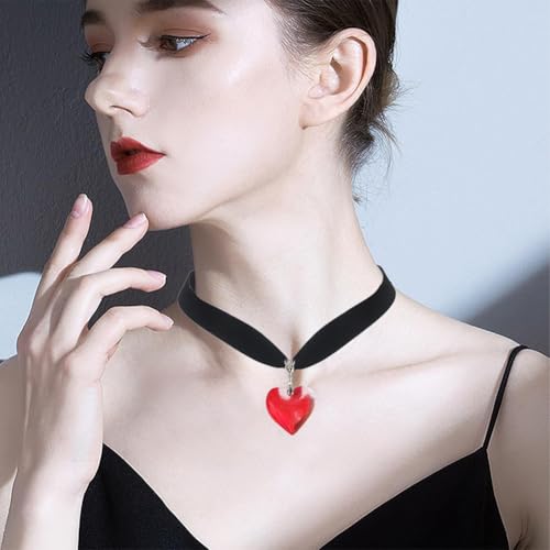 Puffy Heart Necklace for Women Crystal Heart Chunky Necklace Pendant Black Velvet Choker Necklace Christmas Jewelry Gift - color: Green