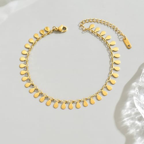 18K Gold Plated Ankle Bracelets for Women Dainty Star Coin Teardrop Square Tassel Anklets Cute Dangle Foot Chain Stainless Steel Beach Foot Jewelry - style: Drop Tassel-Gold