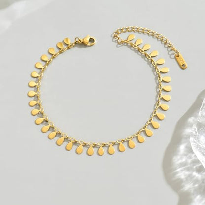 18K Gold Plated Ankle Bracelets for Women Dainty Star Coin Teardrop Square Tassel Anklets Cute Dangle Foot Chain Stainless Steel Beach Foot Jewelry - style: Drop Tassel-Gold