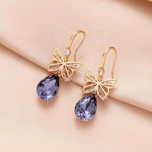 Austrian Crystal Teardrop Butterfly Drop Dangle Earrings for Women 14K Rose Gold Plated Hypoallergenic Jewelry - color: Tanzanite
