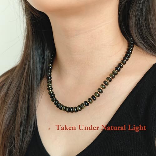 Boho Gemstone Beaded Necklace for Women – Colorful Natural Stone Choker 18K Solid Heart-Shaped Pendant, Summer Beach Jewelry - color: Golden Obsidian