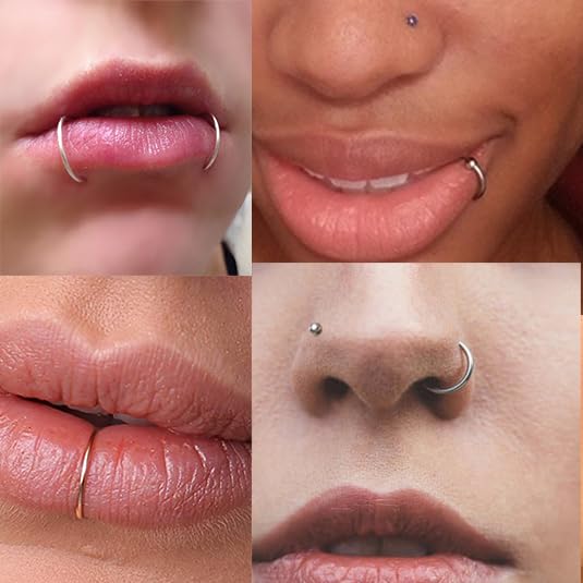 QWALIT Fake Nose Ring Fake Lip Piercing Fake Lip Ring Fake Nose Ring Hoop Fake Snake Bites Fake Lip Piercings Faux Lip Rings Fake Nose Piercing Clip on Nose Ring Spring - color: D5-3 styles-silver